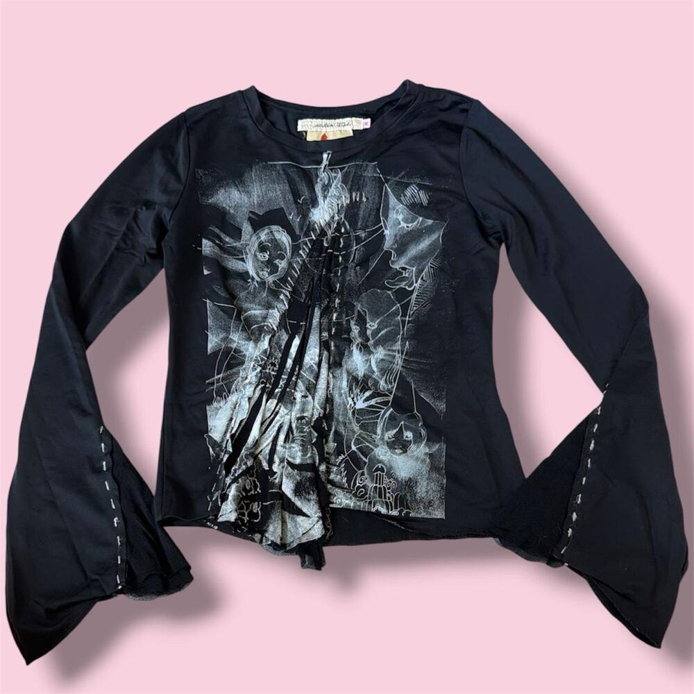 RARE Y2K Euro Skin Fish black long sleeve top with mesh details and bell sleeves